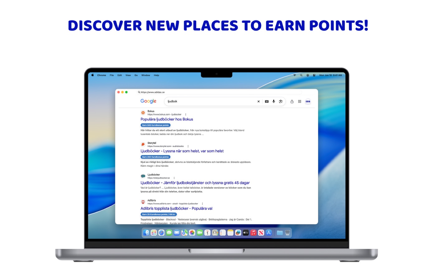 EB Browser Chrome extension highlighting EuroBonus opportunities in Google search results