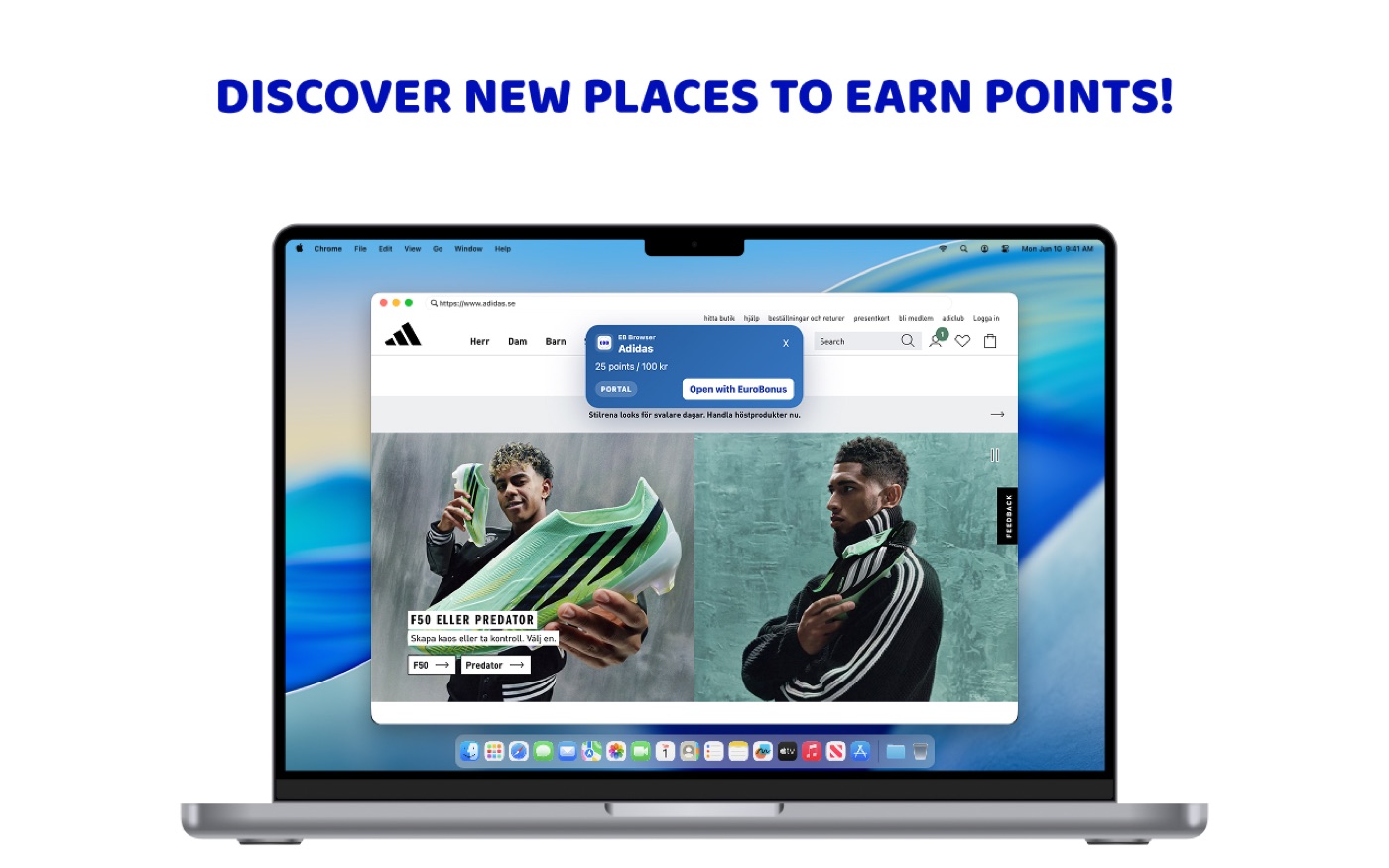 EB Browser Chrome extension showing a EuroBonus opportunity on a merchant website
